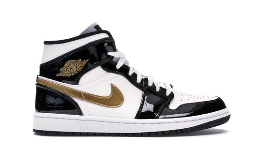 Jordan 1 Mid Patent Black White Gold